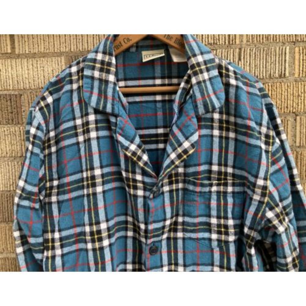 LL Bean Mens Large Tall LT Flannel Shirt Plaid Tartan Blue Green Button Front